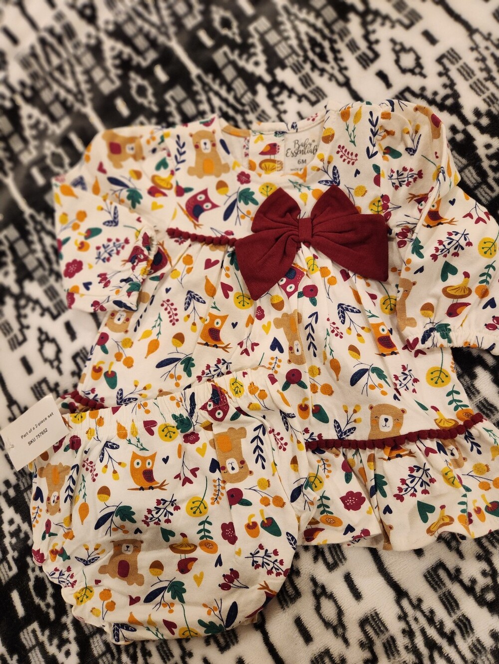Baby Essentials Cream Floral Forest Dress & Bloomers with Maroon Bow, Size 6M